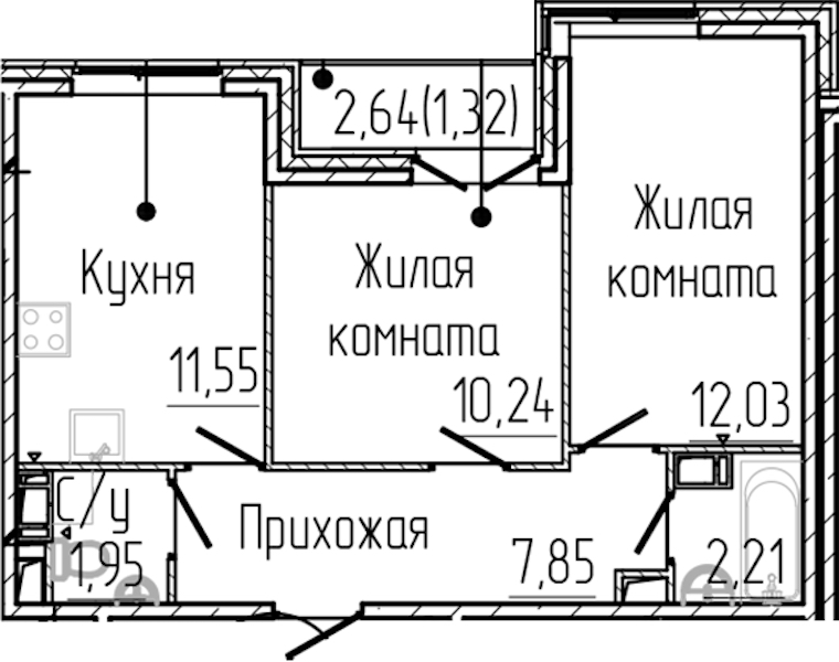 2-комнатная квартира 47.14 м², 7/8 эт., ЖК «SERTOLOVO PARK»